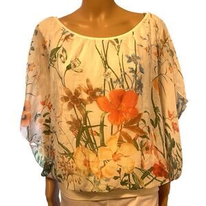 New Giusy 100% Pure Silk 3/4 Sleeve Blouson Top Blouse Italy Ivory Floral Soft L